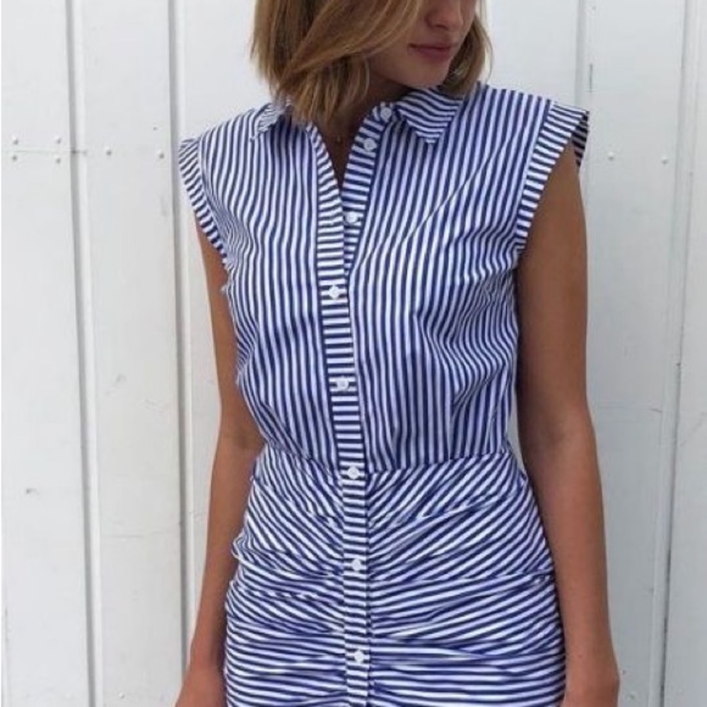 Veronica Beard Ruched Stripe-Print Cotton Shirt-Dress, Blue/White